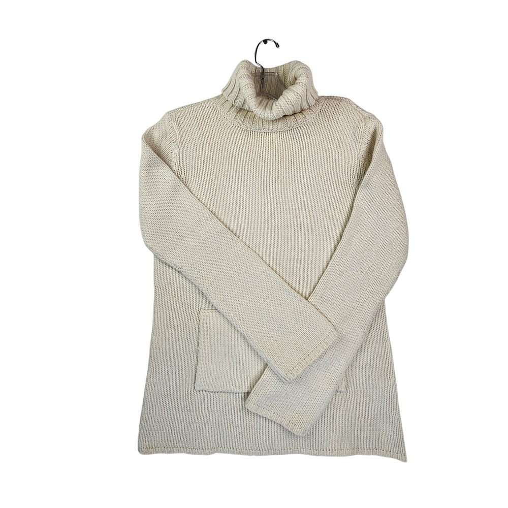 Moda International L Cream Chunky Knit Turtleneck Sweater Pocket Coastal Grandma